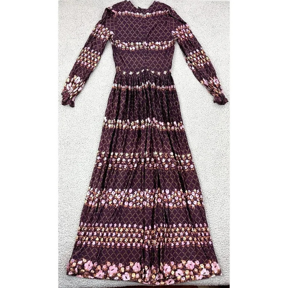 Vintage 70s Dress Size Small Floral Smocked Maxi Burgundy Boho Hippie - Picture 2 of 16